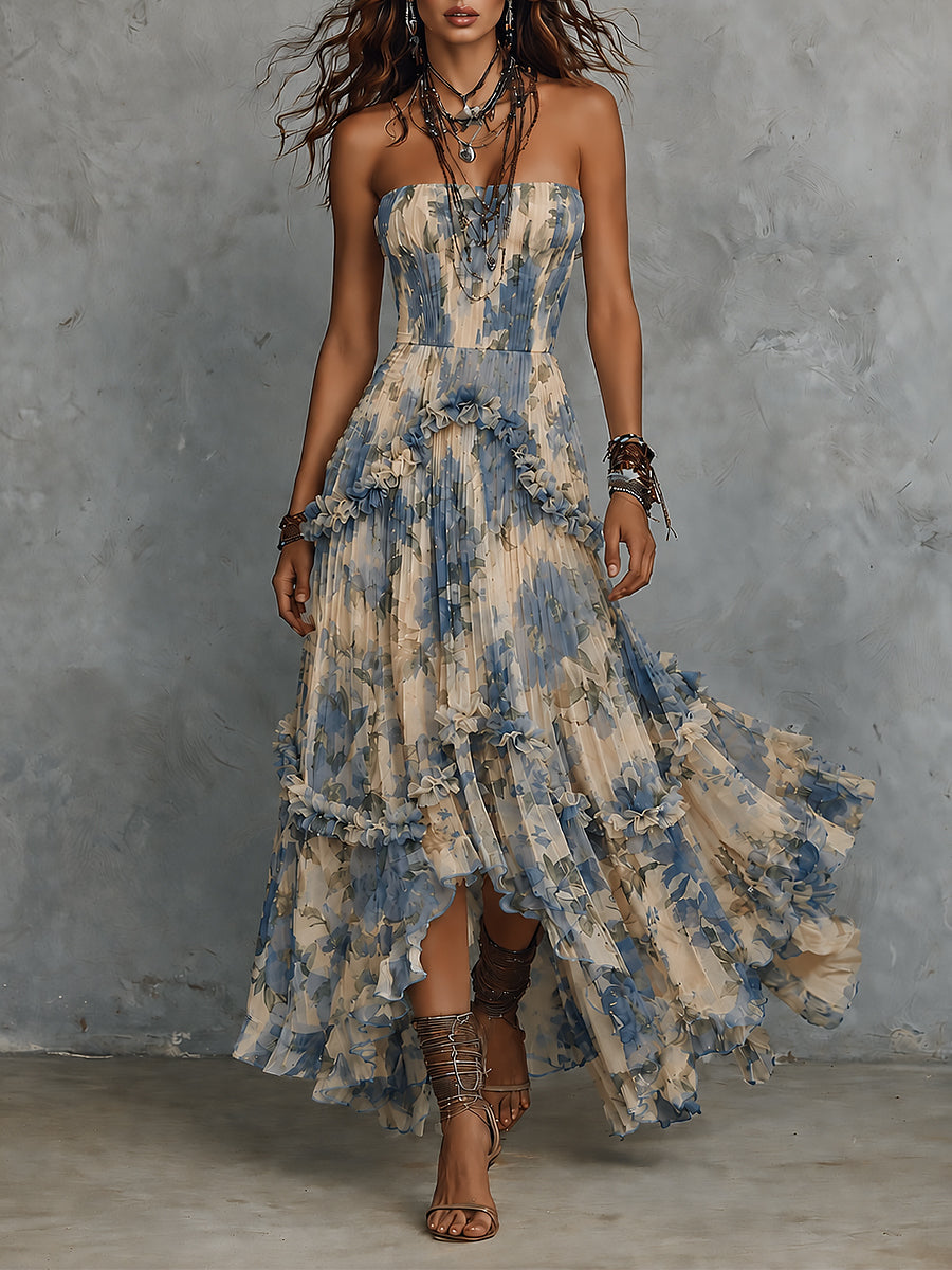 Elegante abito maxi in chiffon stampato senza spalline con volants