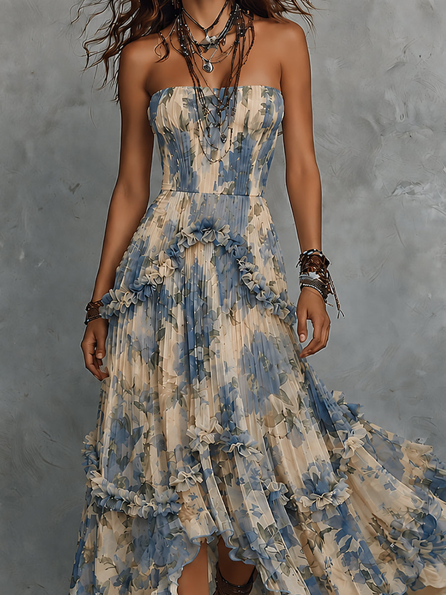 Elegante abito maxi in chiffon stampato senza spalline con volants