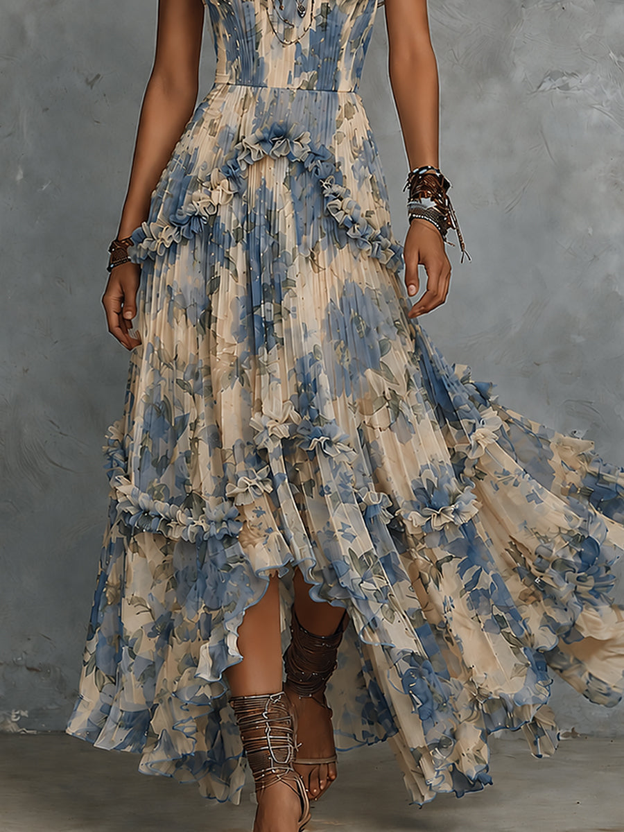 Elegante abito maxi in chiffon stampato senza spalline con volants