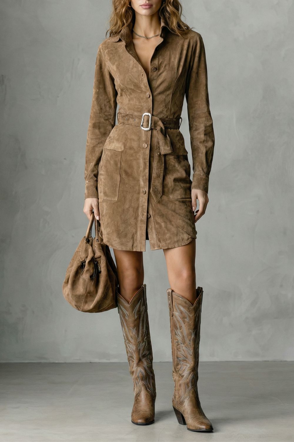 Vellessa – Elegante Abito Midi in Suede con Silhouette Raffinata