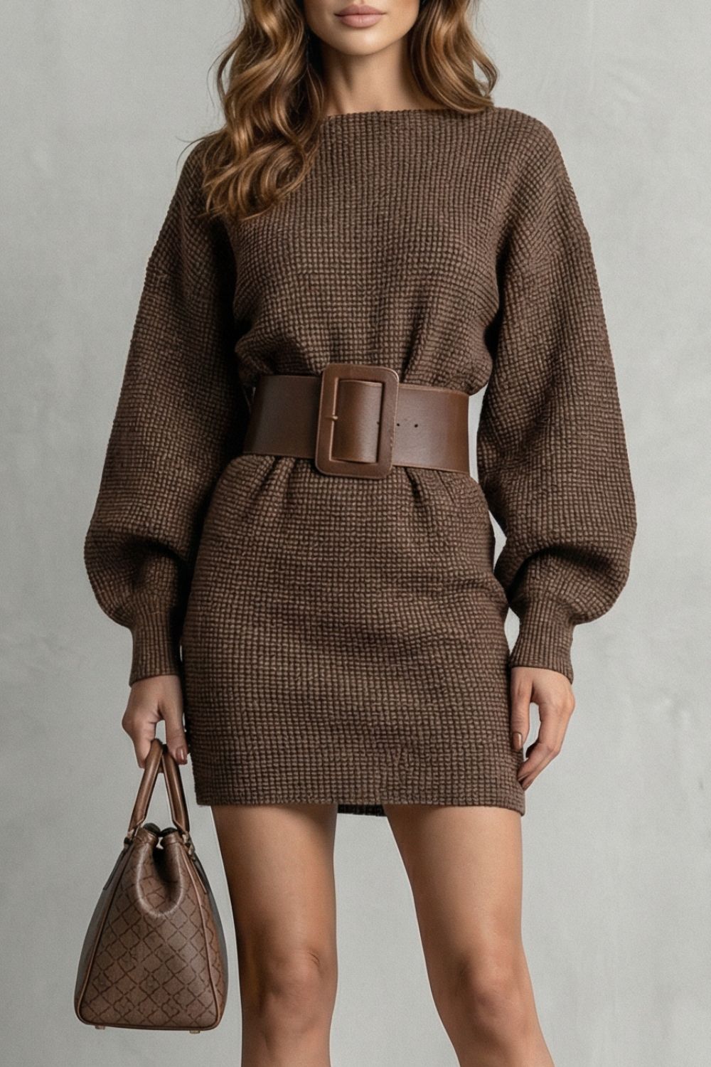 Aderisse – Abito Mini Strutturato in Maglia con Cintura (Inclusa Cintura)
