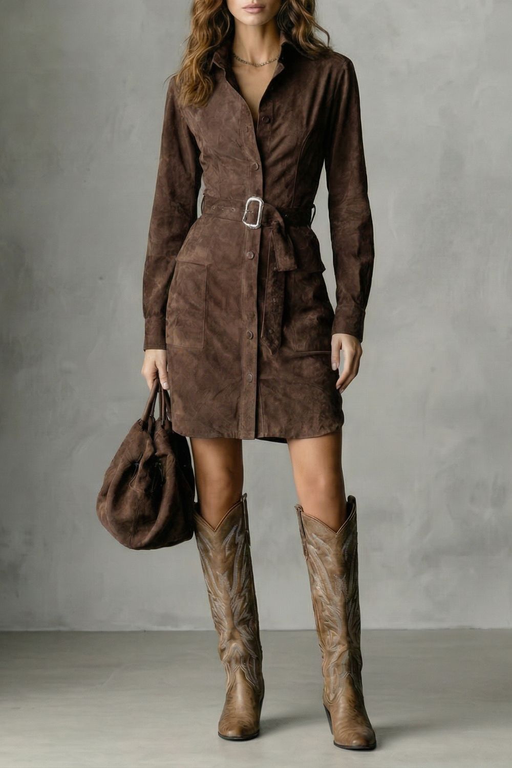 Vellessa – Elegante Abito Midi in Suede con Silhouette Raffinata