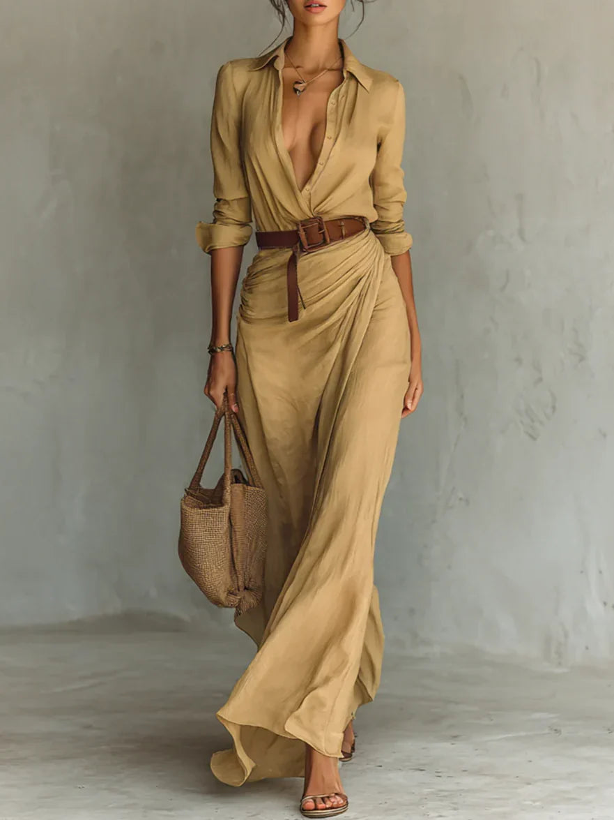 Vestito lungo maxi con cintura, camicia a maniche lunghe per donna con colletto