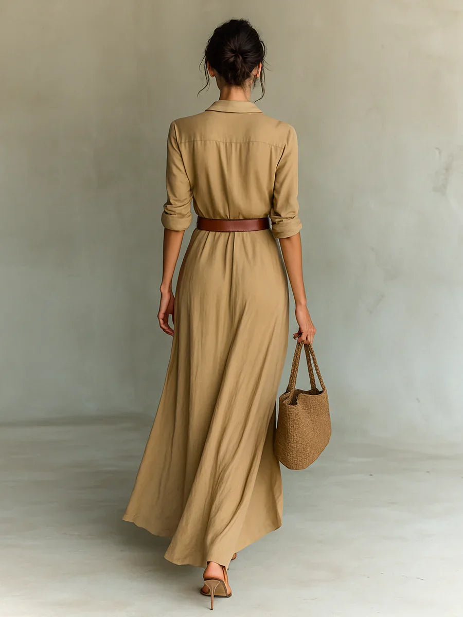 Vestito lungo maxi con cintura, camicia a maniche lunghe per donna con colletto