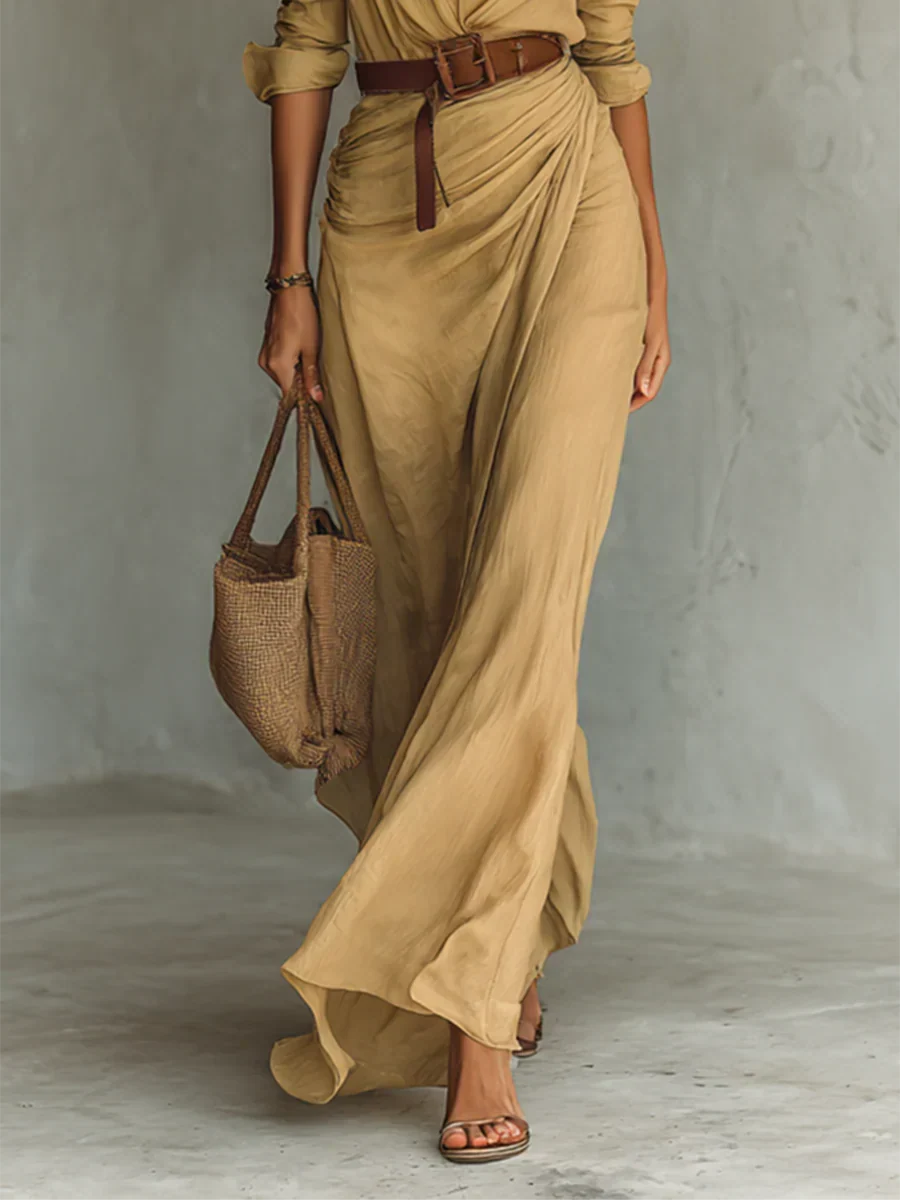 Vestito lungo maxi con cintura, camicia a maniche lunghe per donna con colletto