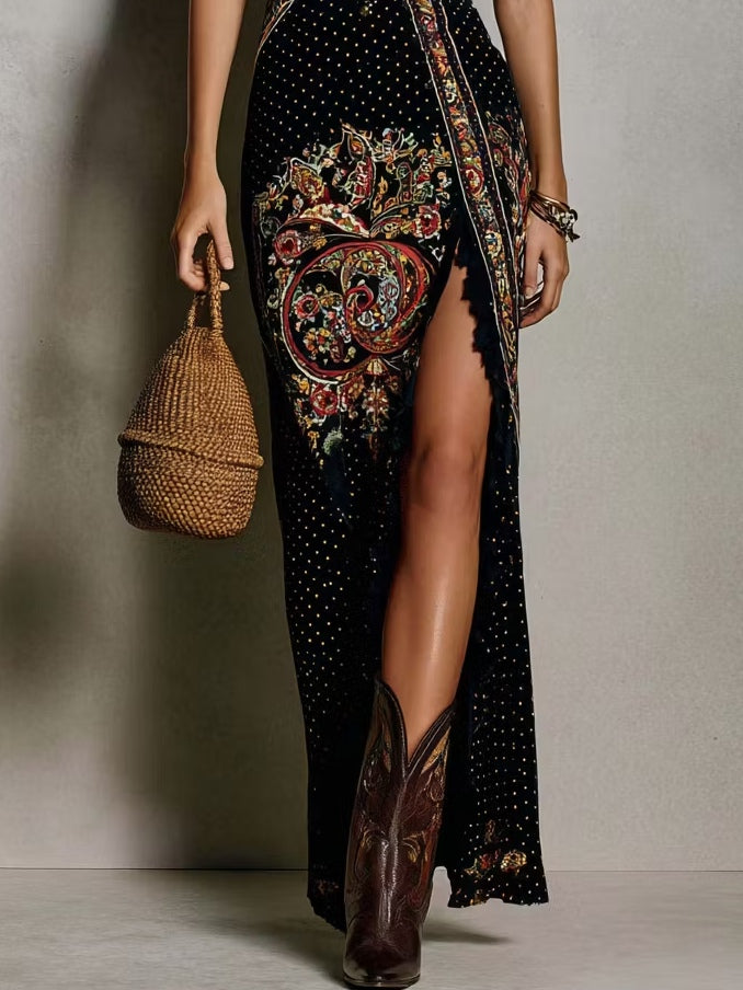 Abito Stile Bohemien Stampato con Profondo Scollatura a V e Alta Fessura