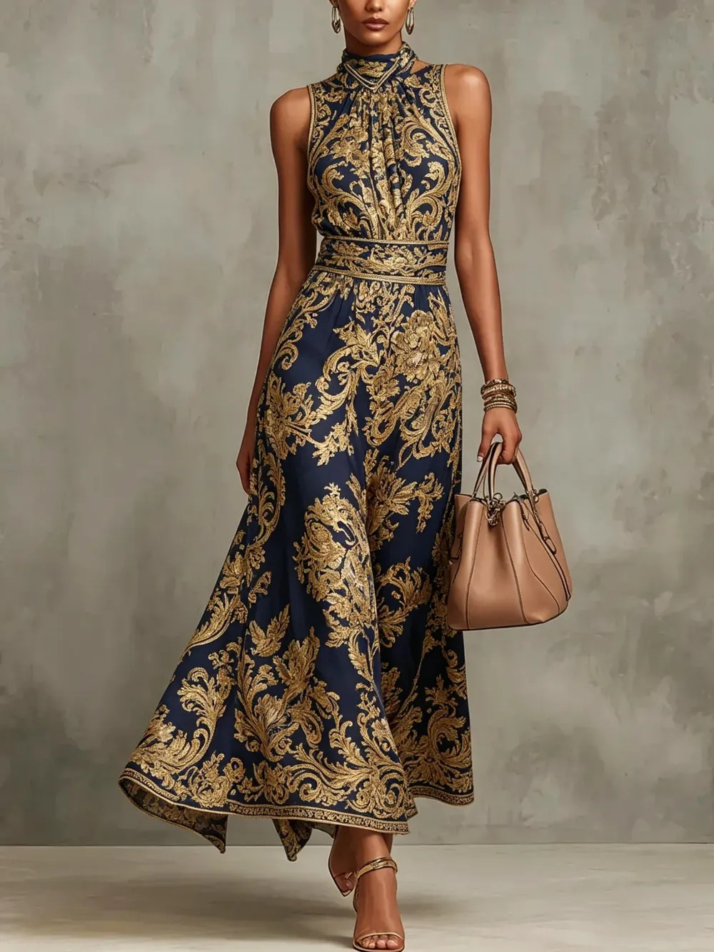 Abito Maxi Senza Maniche con Scollo a Halter in Stampa Barocca Blu Navy e Oro