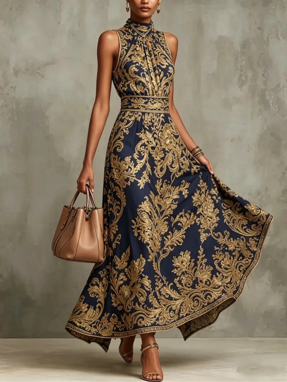 Abito Maxi Senza Maniche con Scollo a Halter in Stampa Barocca Blu Navy e Oro