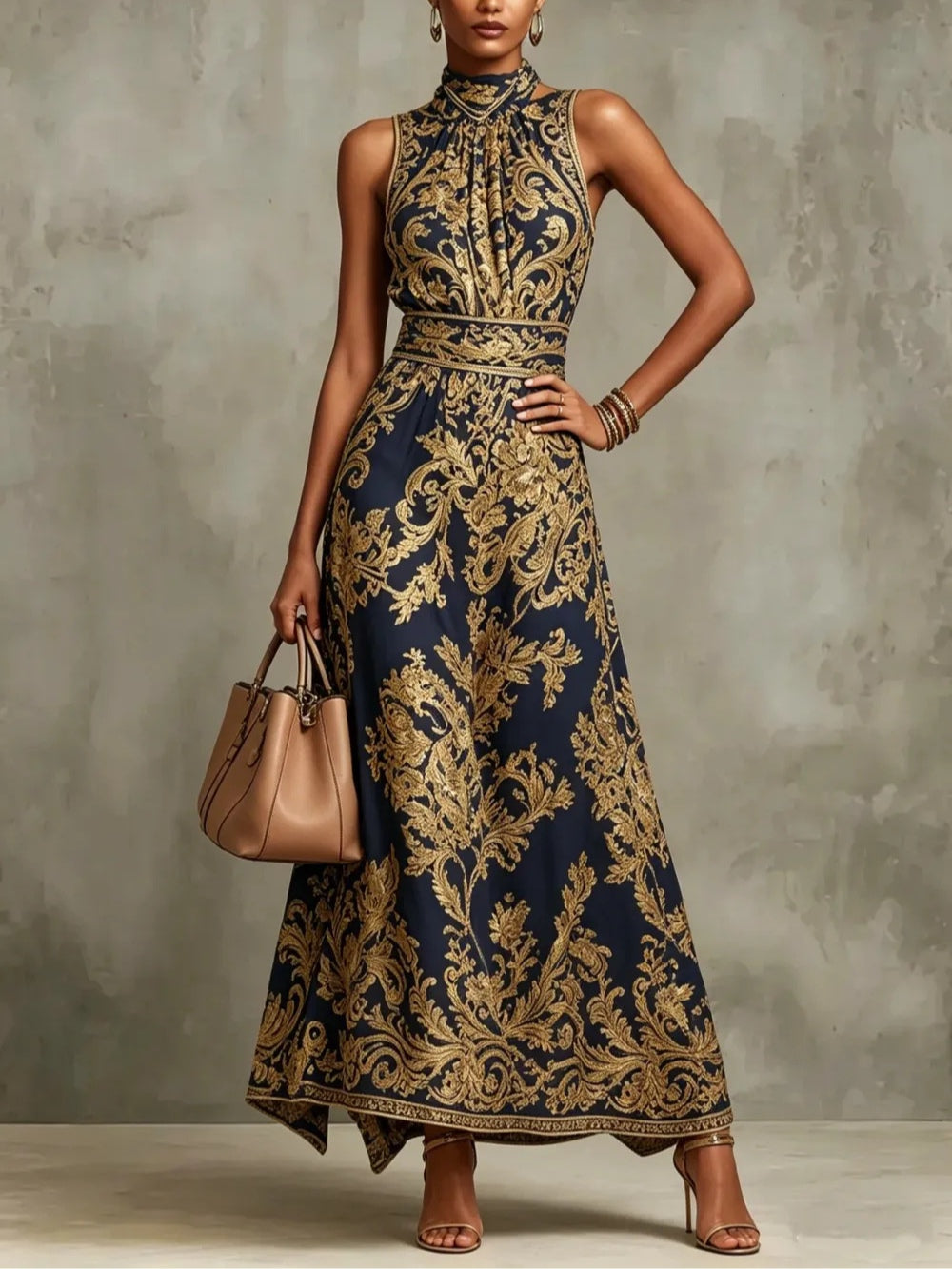 Abito Maxi Senza Maniche con Scollo a Halter in Stampa Barocca Blu Navy e Oro