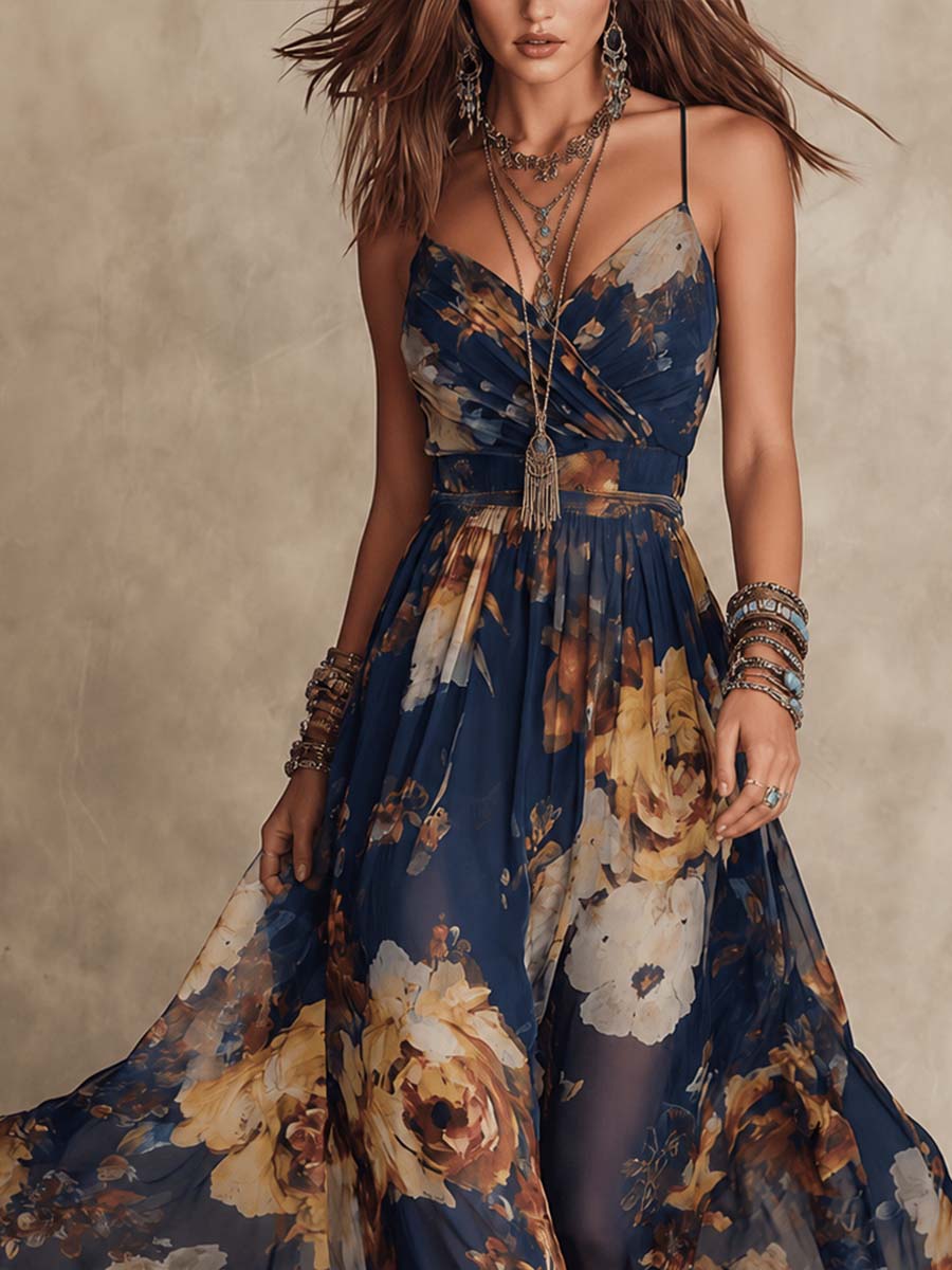 Abito Maxi in Chiffon Blu Navy con Stampa Floreale a Spaghetti