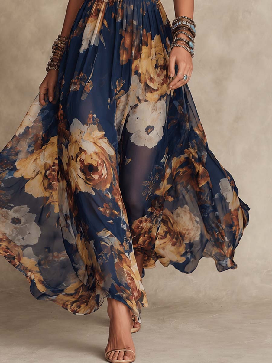 Abito Maxi in Chiffon Blu Navy con Stampa Floreale a Spaghetti