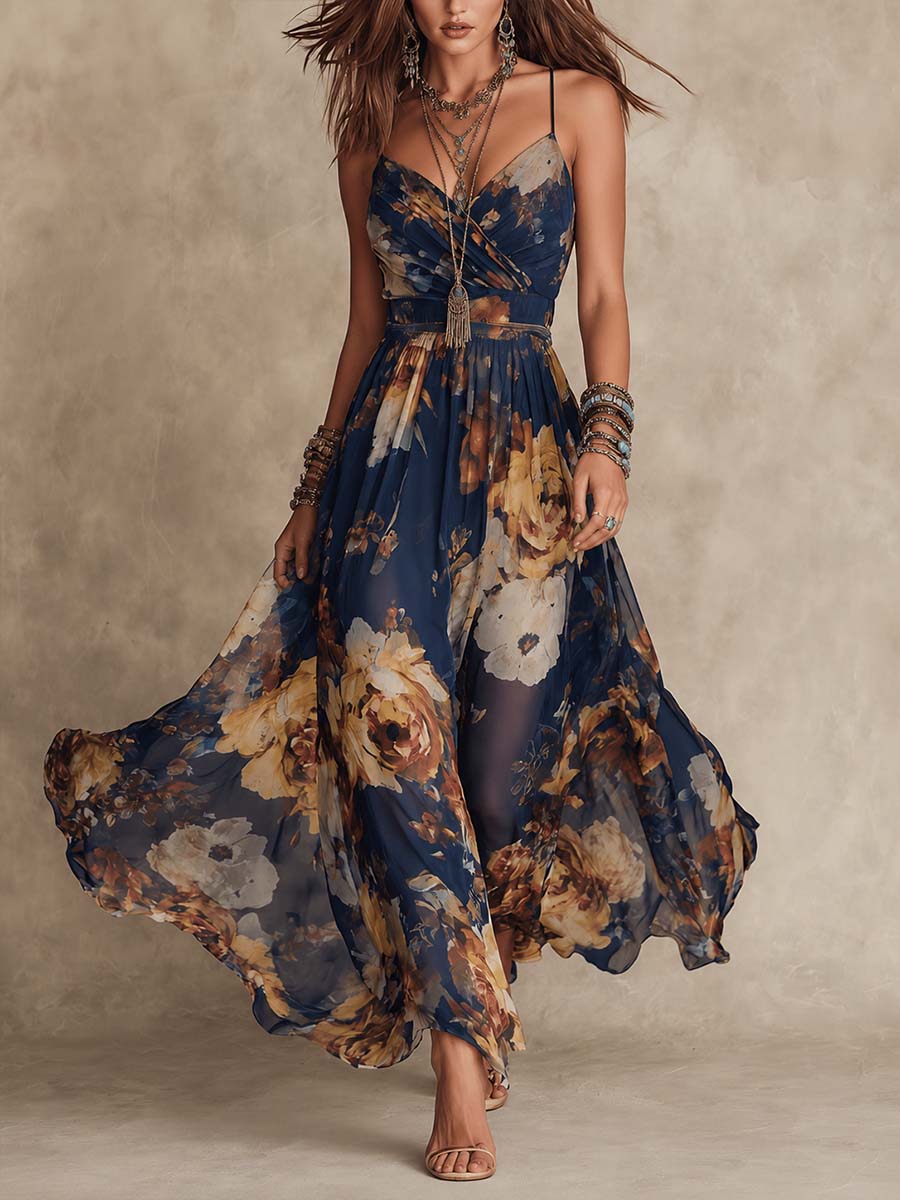 Abito Maxi in Chiffon Blu Navy con Stampa Floreale a Spaghetti