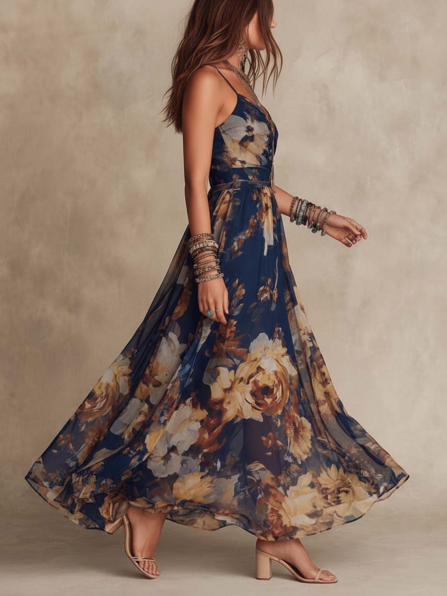 Abito Maxi in Chiffon Blu Navy con Stampa Floreale a Spaghetti
