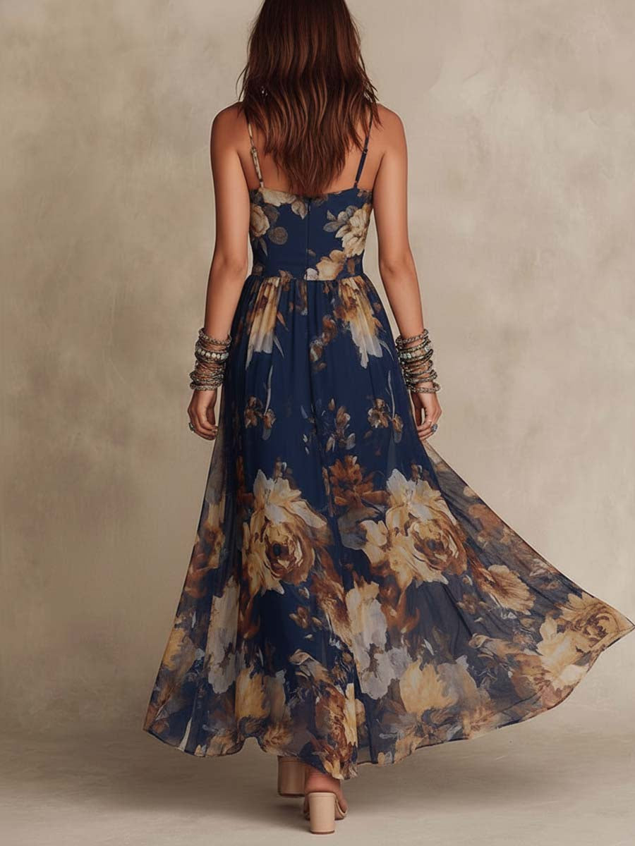 Abito Maxi in Chiffon Blu Navy con Stampa Floreale a Spaghetti