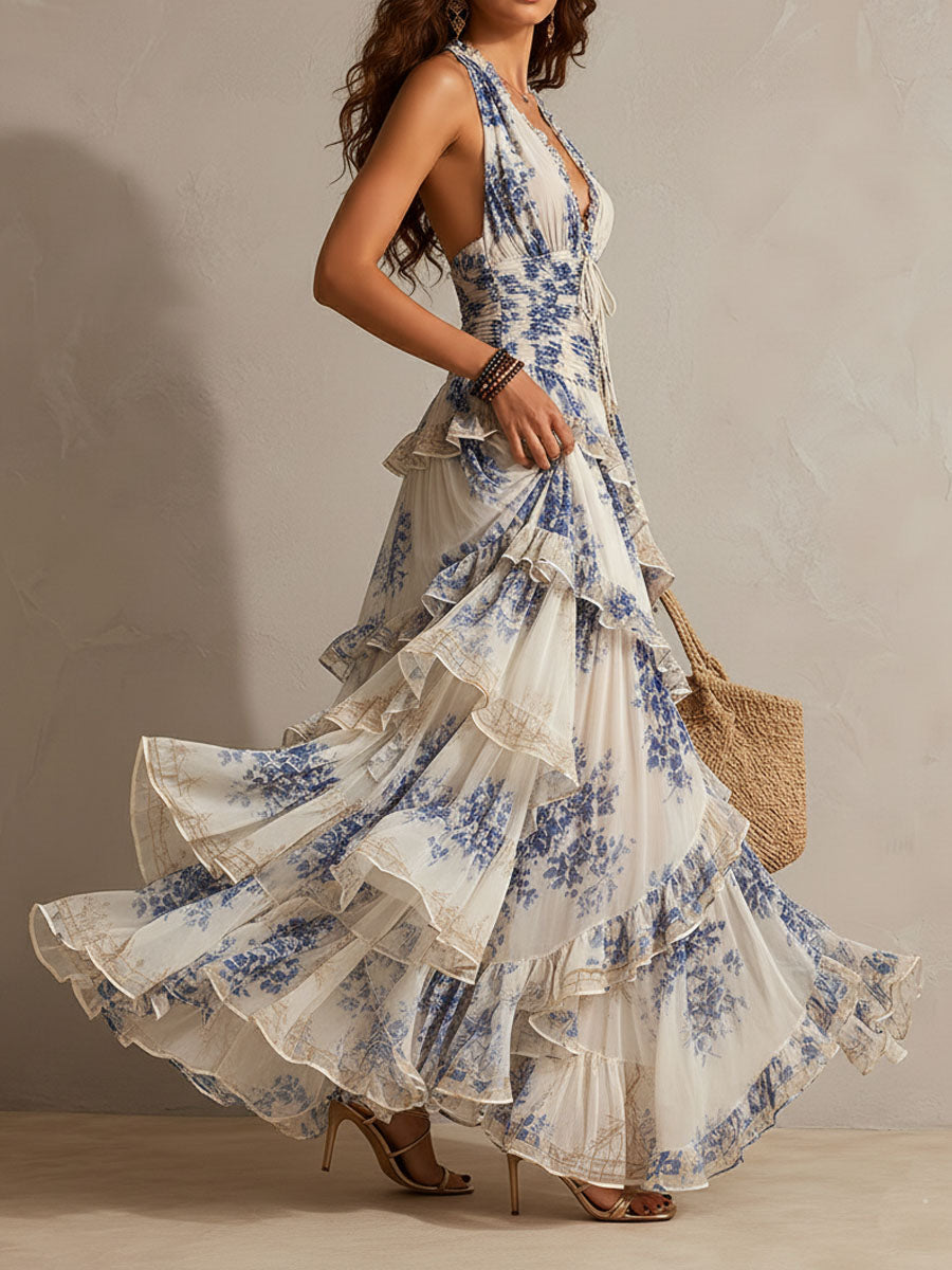 Abito Maxi Ruffle a Collo Halter con Stampa Floreale Blu e Bianca per Vacanze Romantiche