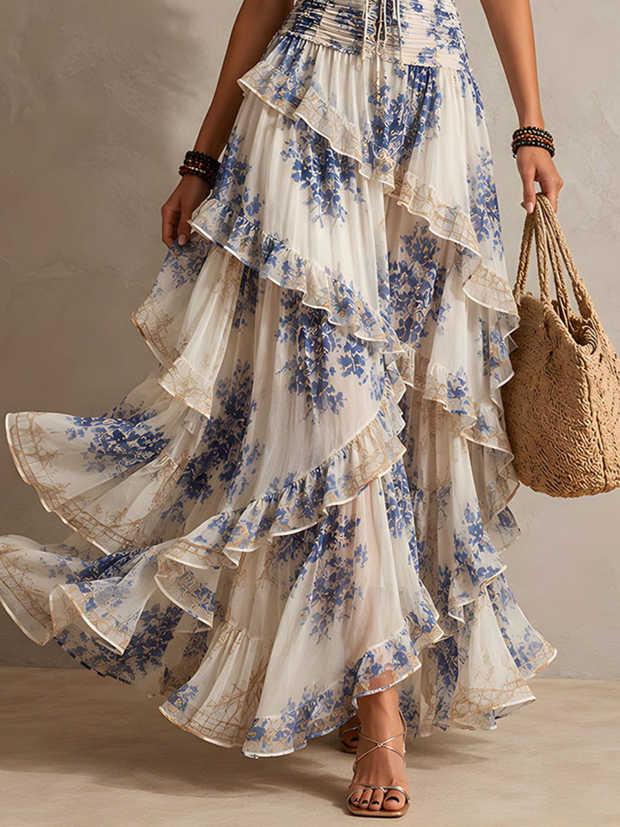 Abito Maxi Ruffle a Collo Halter con Stampa Floreale Blu e Bianca per Vacanze Romantiche