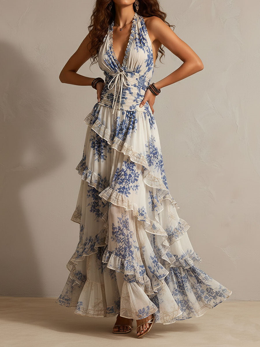 Abito Maxi Ruffle a Collo Halter con Stampa Floreale Blu e Bianca per Vacanze Romantiche