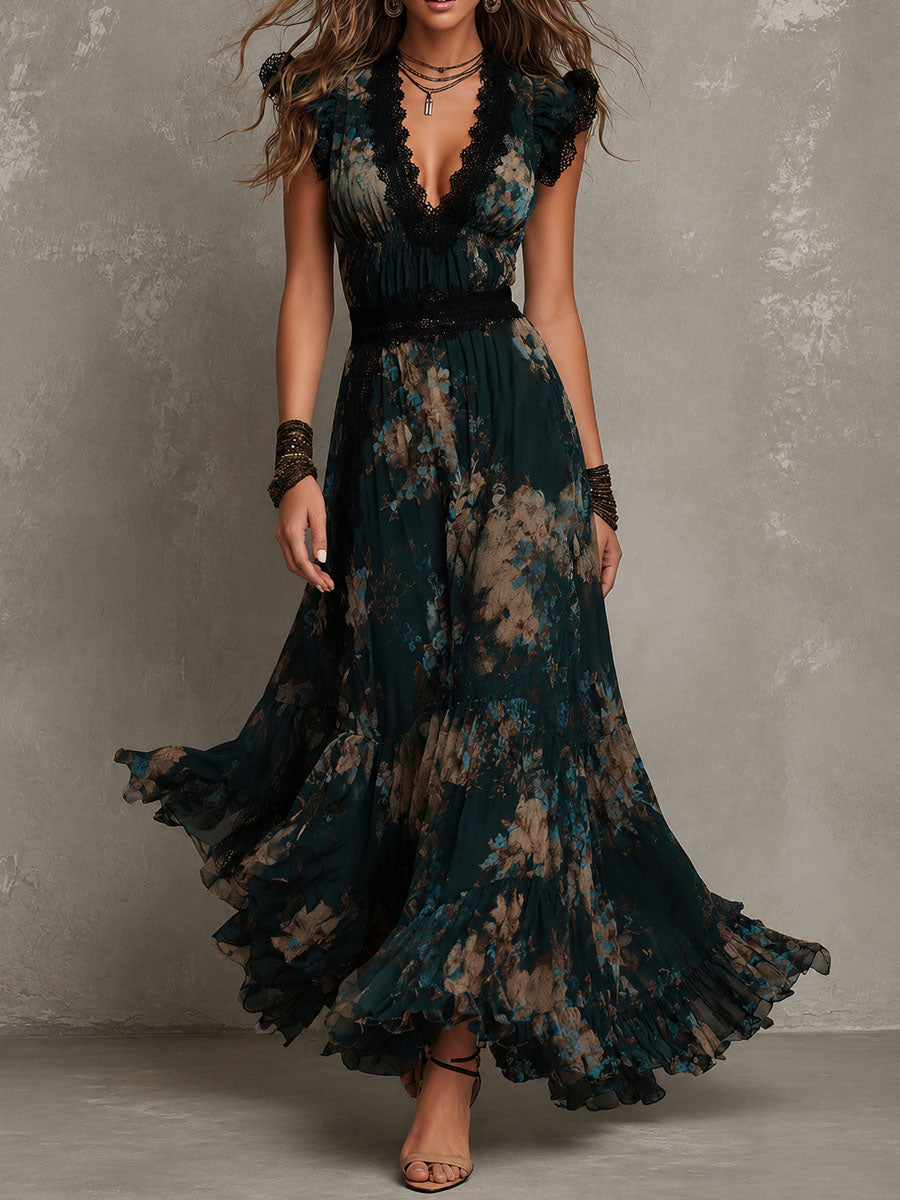 Abito maxi in chiffon vintage verde scuro con pizzo floreale