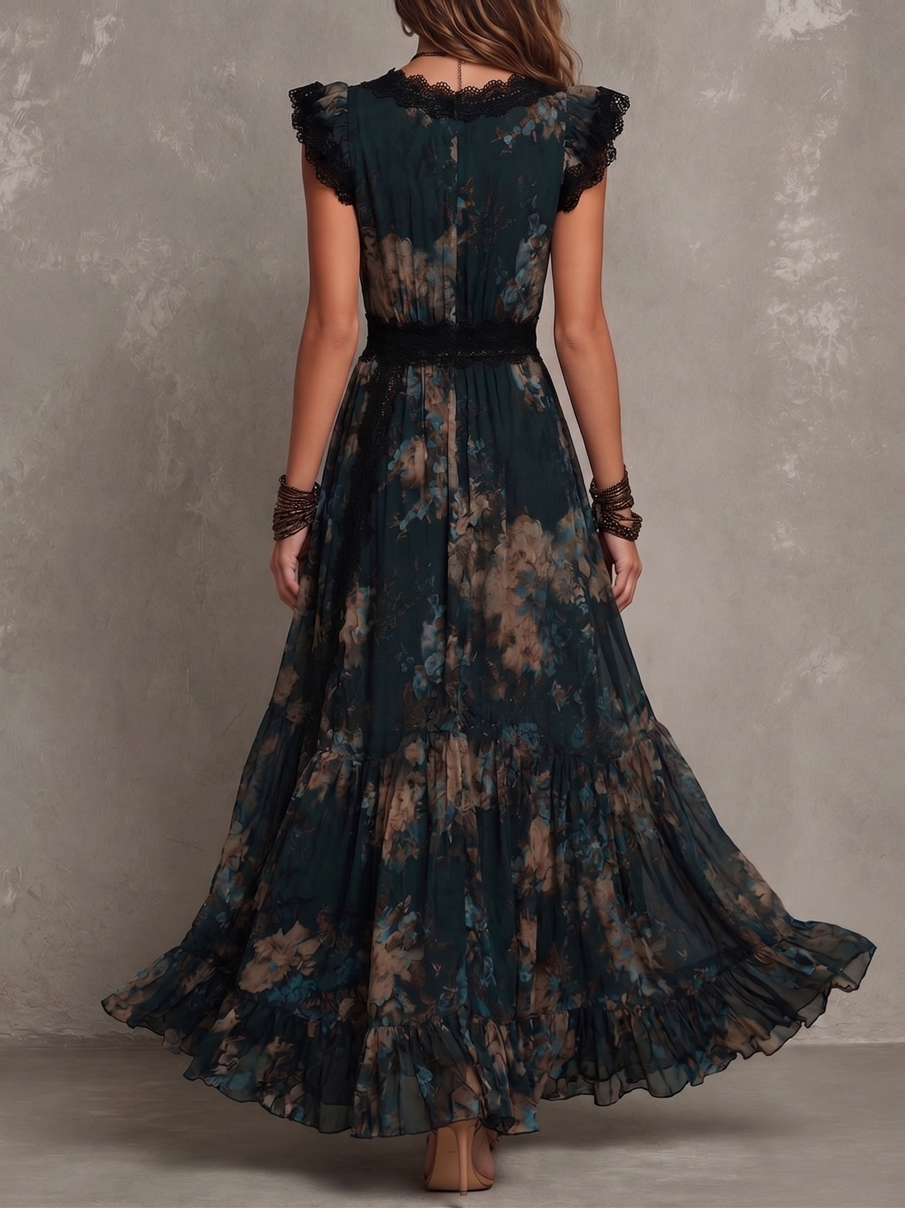 Abito maxi in chiffon vintage verde scuro con pizzo floreale
