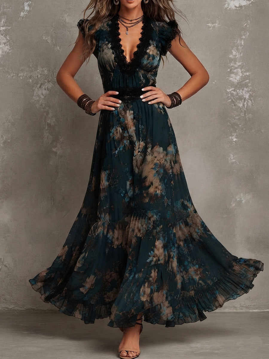 Abito maxi in chiffon vintage verde scuro con pizzo floreale