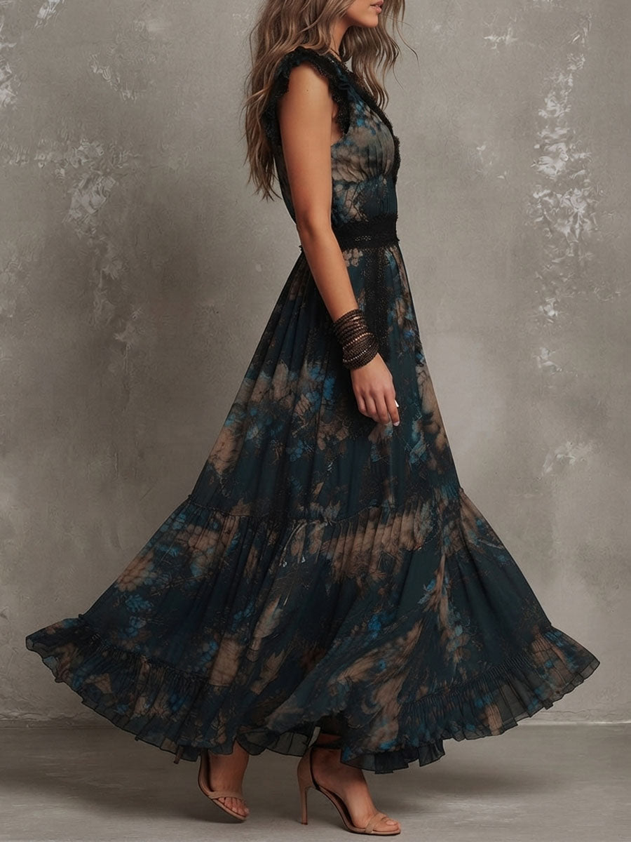 Abito maxi in chiffon vintage verde scuro con pizzo floreale