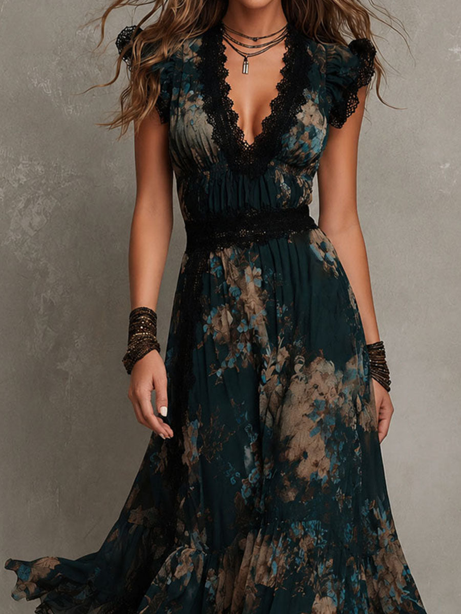 Abito maxi in chiffon vintage verde scuro con pizzo floreale