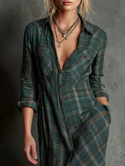 Abito lungo a camicia a righe verdi con colletto